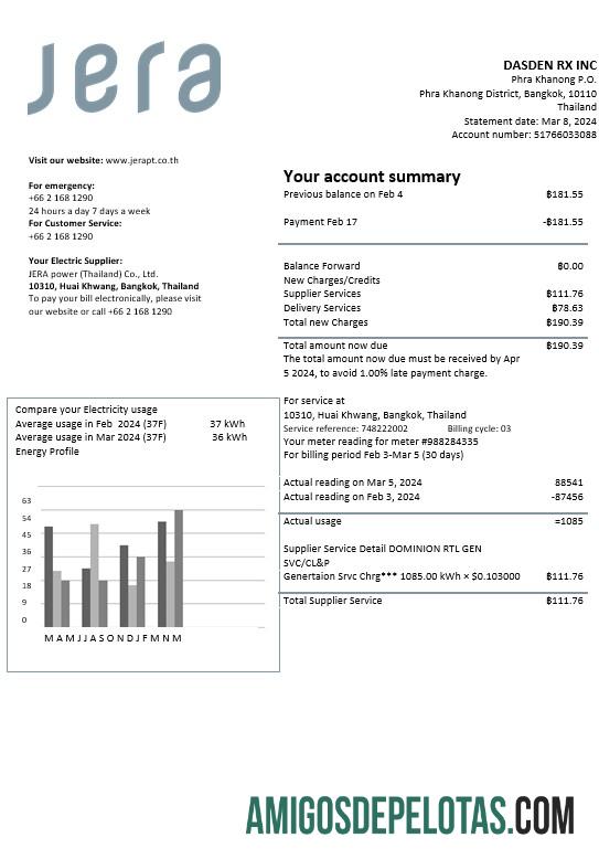 Em branco modelo de conta de serviços públicos JERA Power da Tailândia em formatos Word e PDF